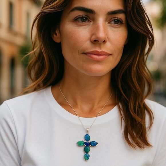 Stunning Opal Triplet Gemstone Cross Pendant Necklace Sterling Silver New - Picture 3 of 10